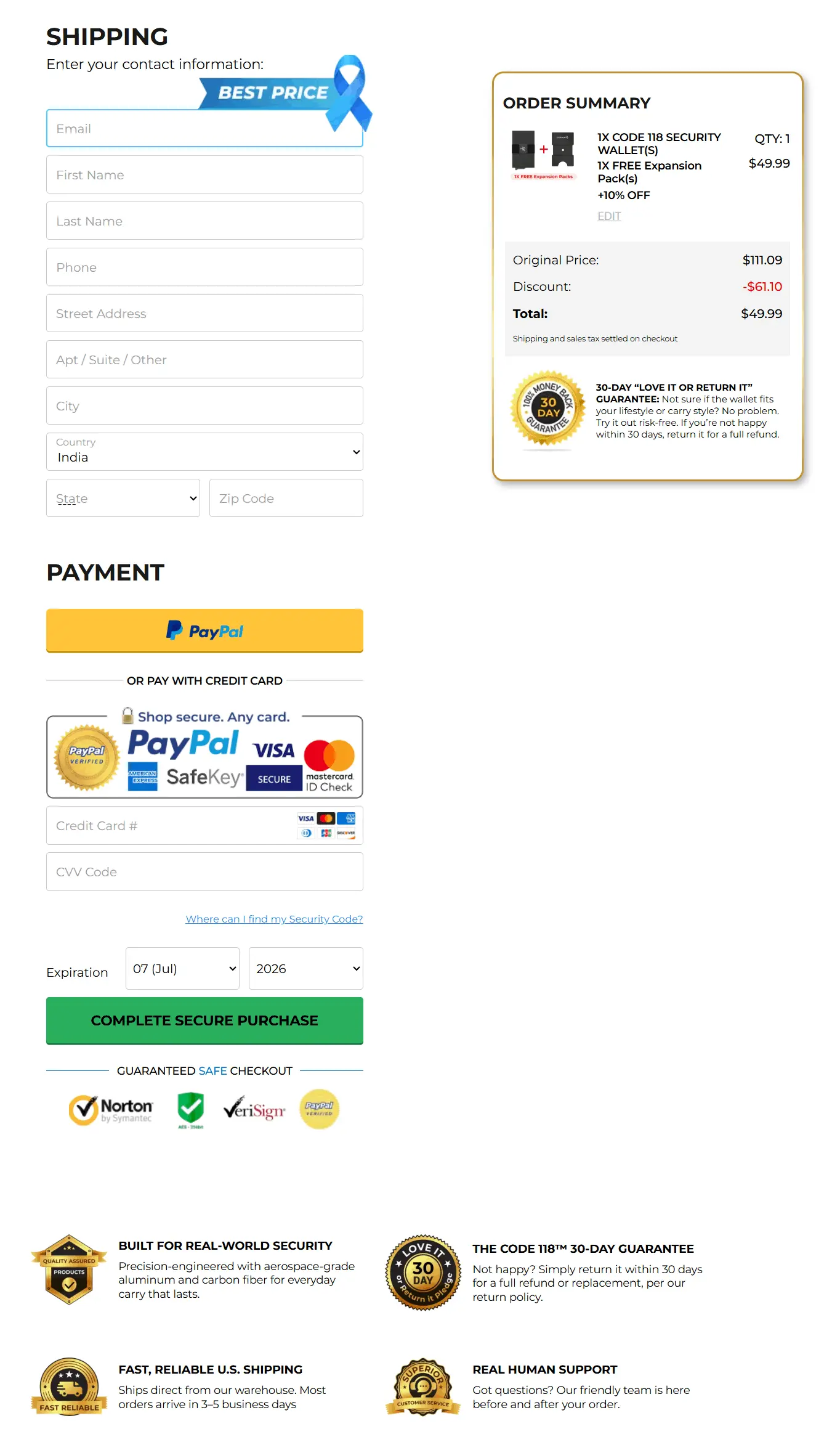 Code 118 Wallet checkout page
